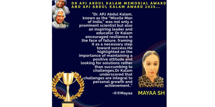 Mayaa SH, Dr APJ Abdul Kalam Memorial Award, APJ Abdul Kalam Award 2025,